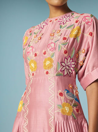 Blush floral embroidered pleated midi dress