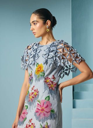 Powder blue floral beadwork cape dress