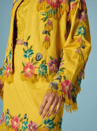 Mustard floral beaded fringe mini skirt and jacket set