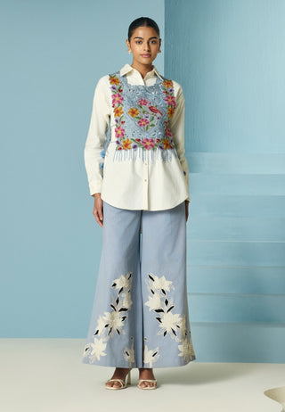 Powder blue contrast embroidered flared pants