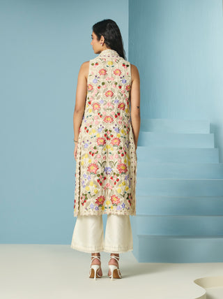 Ivory floral threadwork and beadwork long jacket