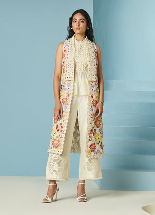 Ivory floral threadwork and beadwork long jacket