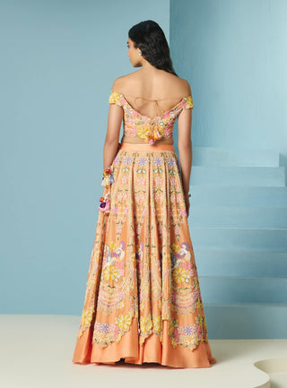 Orange contrast cordwork lehenga and bustier