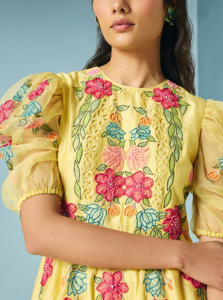 Butter yellow applique flounce dress