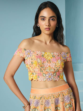Orange contrast cordwork lehenga and bustier
