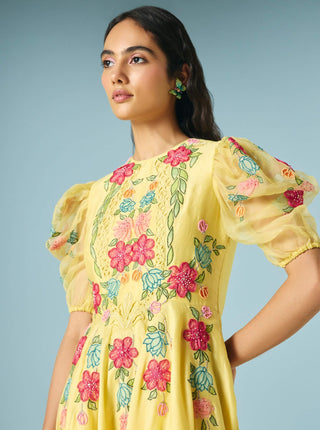 Butter yellow applique flounce dress