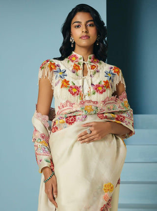 Ivory beadwork sari with unstitched blouse