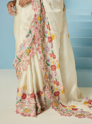 Ivory beadwork sari with unstitched blouse