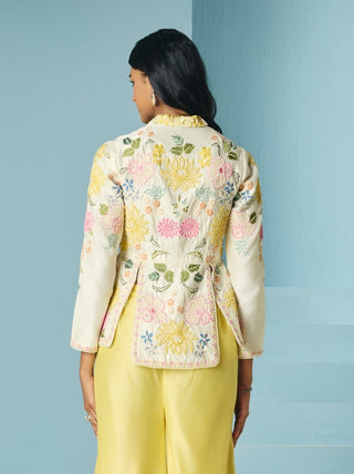 Ivory floral embroidered panelled jacket