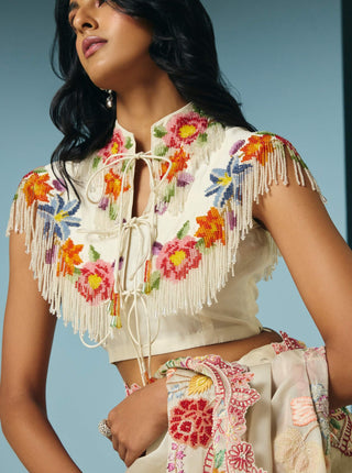 Ivory floral beaded fringe cape