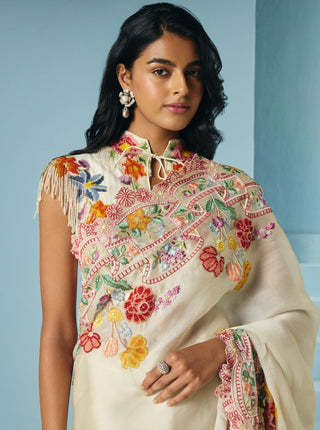 Ivory beadwork sari with unstitched blouse