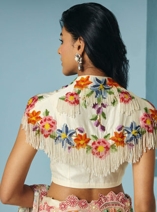 Ivory floral beaded fringe cape