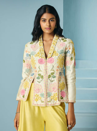 Ivory floral embroidered panelled jacket
