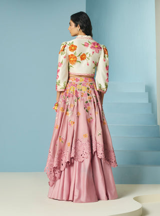 Blush bougainvillea layered lehenga with bolero