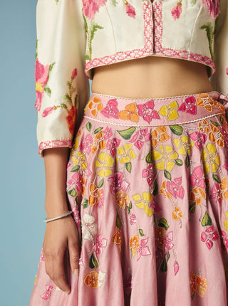 Blush bougainvillea layered lehenga with bolero