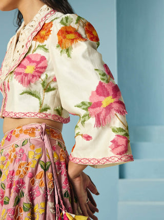 Blush bougainvillea layered lehenga with bolero