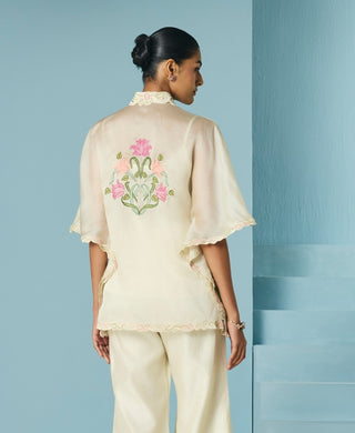 Ivory applique and beadwork kaftan shirt