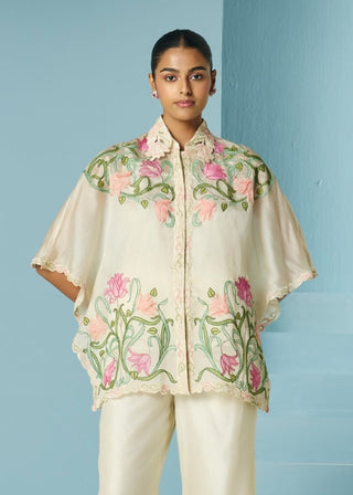 Ivory applique and beadwork kaftan shirt