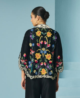Black floral foliage flared jacket