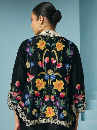 Black floral foliage flared jacket