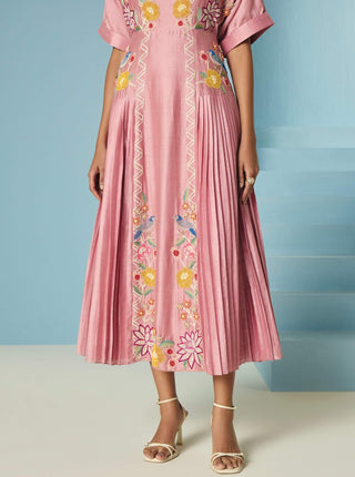 Blush floral embroidered pleated midi dress