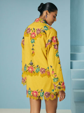 Mustard floral beaded fringe mini skirt and jacket set