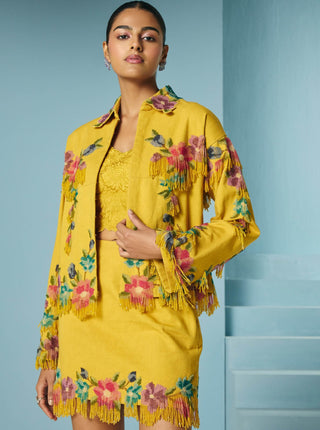 Mustard floral beaded fringe short jacket