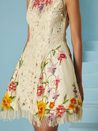 Ivory cutwork and beadwork fringe panelled dress