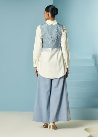 Powder blue contrast embroidered flared pants