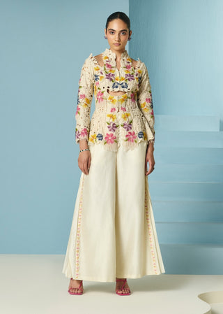Ivory embroidered pleated pants