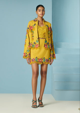 Mustard floral beaded fringe mini skirt and jacket set