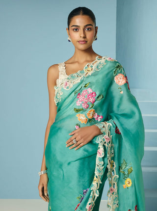 Aqua bloom sari with unstitched blouse
