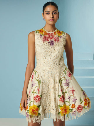 Ivory cutwork and beadwork fringe panelled dress