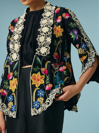 Black floral foliage flared jacket