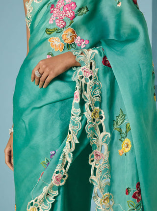 Aqua bloom sari with unstitched blouse
