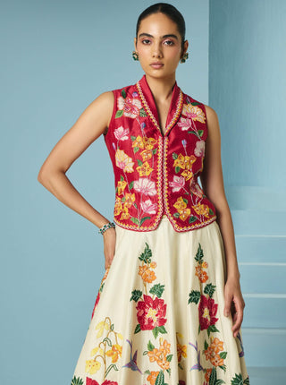 Ivory floral applique lehenga and waistcoat
