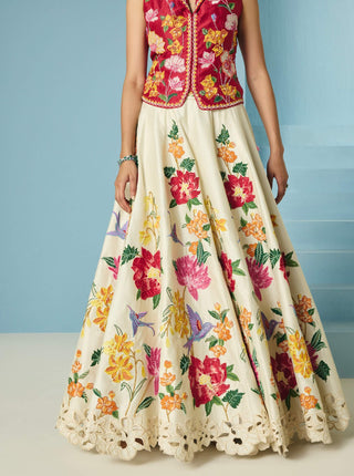 Ivory floral applique lehenga and waistcoat