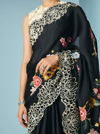 Black floral foliage sari and unstitched blouse