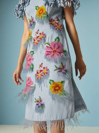 Powder blue floral beadwork cape dress