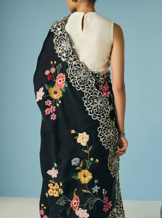 Black floral foliage sari and unstitched blouse