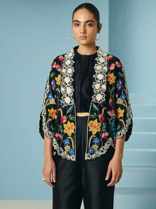 Black floral foliage flared jacket