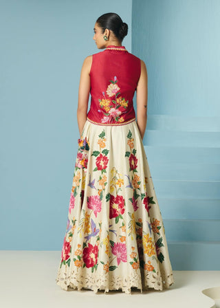 Ivory floral applique lehenga and waistcoat
