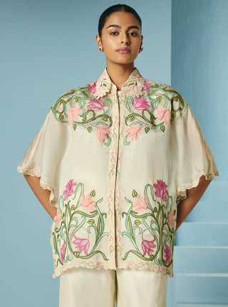 Ivory applique and beadwork kaftan shirt