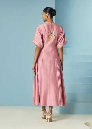 Blush floral embroidered pleated midi dress