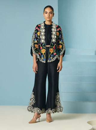 Black contrast cutwork bell bottom pants