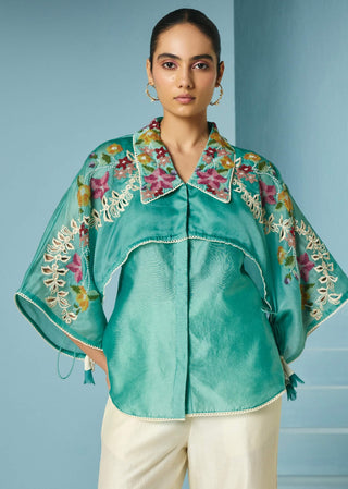 Aqua floral beadwork layered shirt