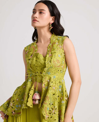 Lime Green Cutwork And Beadwork Jacket by Chandrima available on Indiaspopup.com