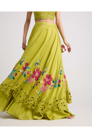 Lime Green Floral Applique Layered Lehenga by Chandrima available on Indiaspopup.com