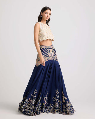 Indigo Contrast Cordwork Yoke Detail Lehenga by Chandrima available on Indiaspopup.com