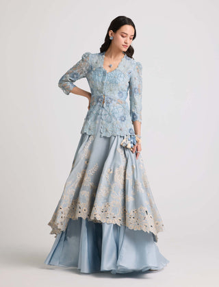 Powder Blue Sheer Applique Peplum Jacket by Chandrima available on Indiaspopup.com